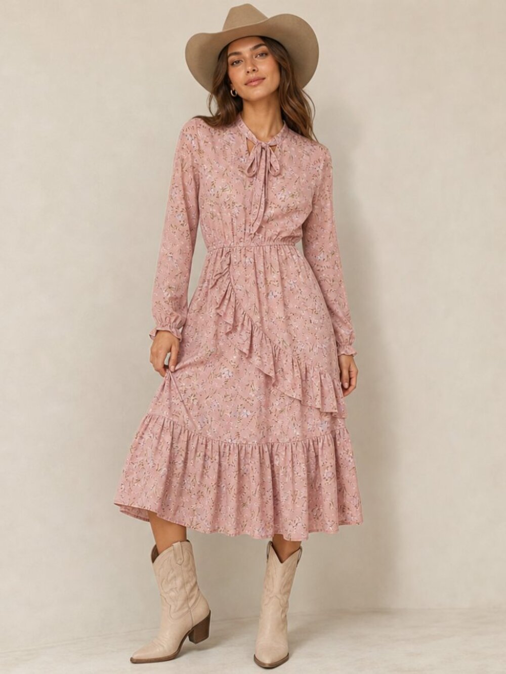 Cottagecore Fairy Tiered Ruffle Floral Pink Long Sleeve Midi Dress Small
